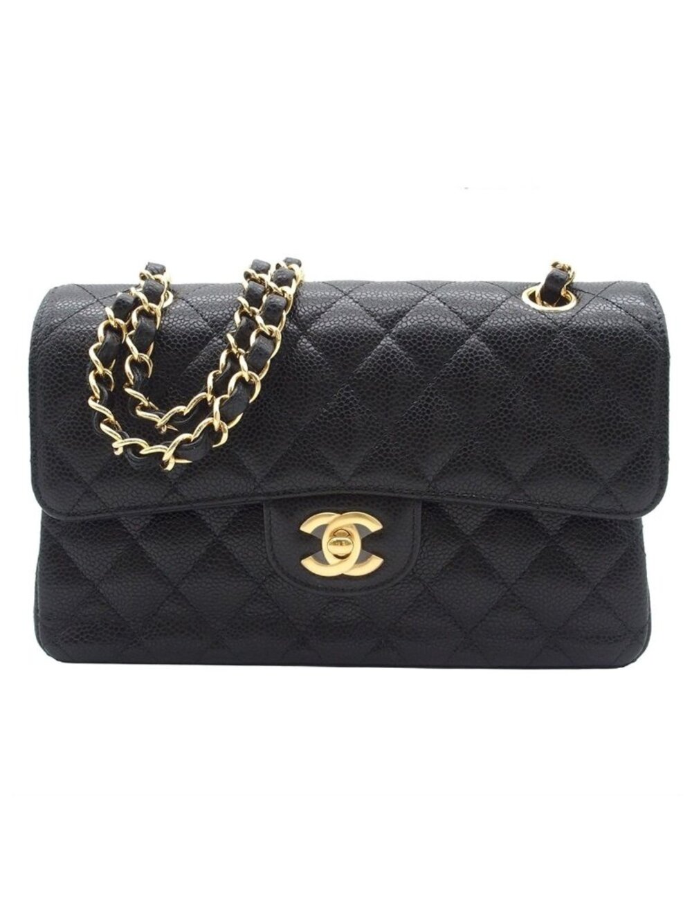 Chanel Chain Shoulder Bag Quilted Double Flap 23 Black Gold Caviar Leather